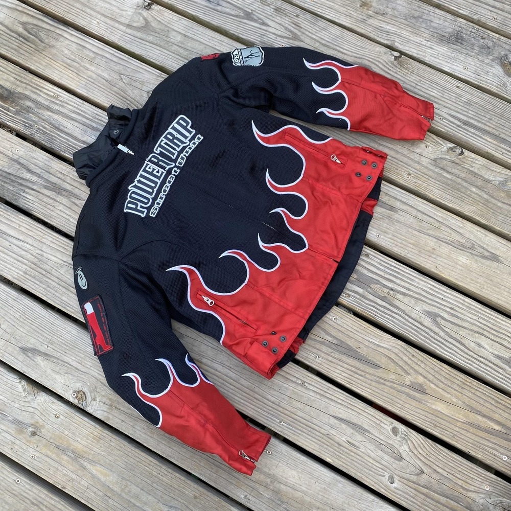 Power Trip Jacket Womens XL Black Red Flame Mesh Motorcycle Street Unit Biker